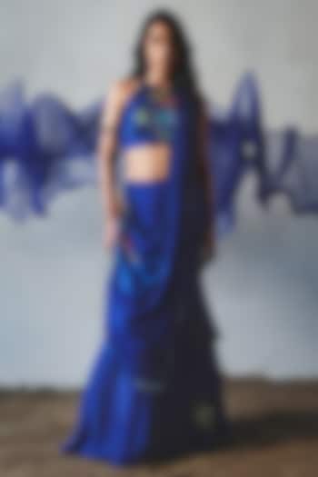 Blue Chiffon Handwork Pre-Draped Wedding Saree Set by Basil Leaf at Pernia's Pop Up Shop