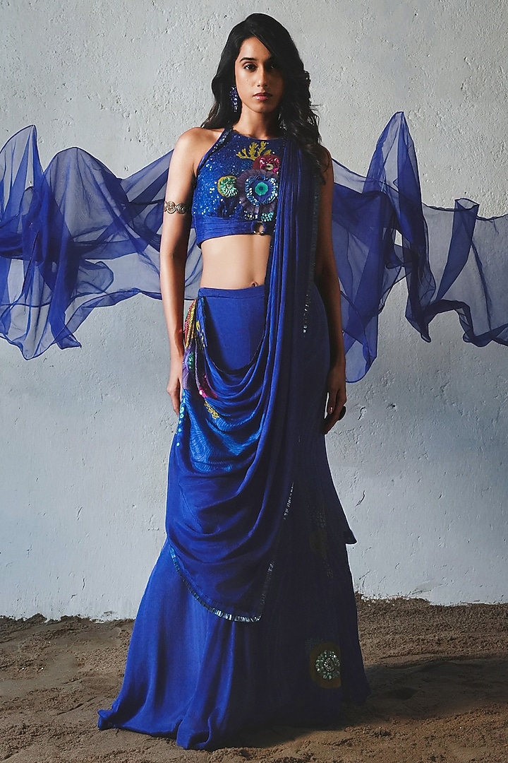 Blue Chiffon Handwork Pre-Draped Wedding Saree Set by Basil Leaf at Pernia's Pop Up Shop