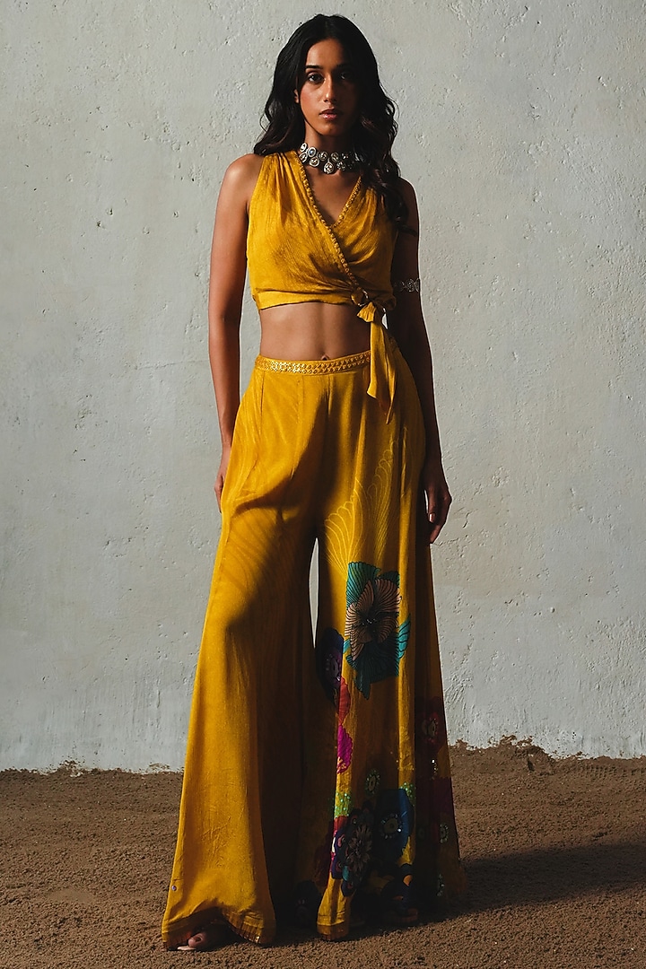 Yellow Chiffon Flared Pant Set by Basil Leaf at Pernia's Pop Up Shop