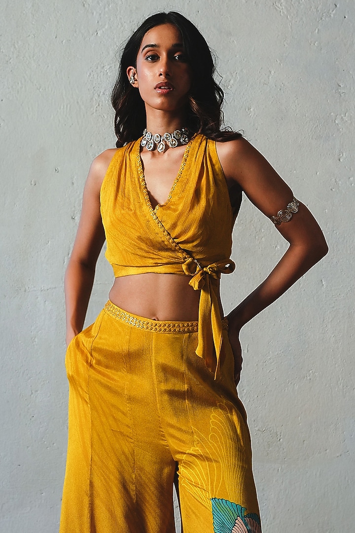 Yellow Chiffon Flared Pant Set by Basil Leaf at Pernia's Pop Up Shop