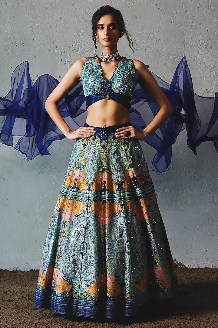 Blue Chiffon Handwork Wedding Lehenga Set by Basil Leaf at Pernia's Pop Up Shop