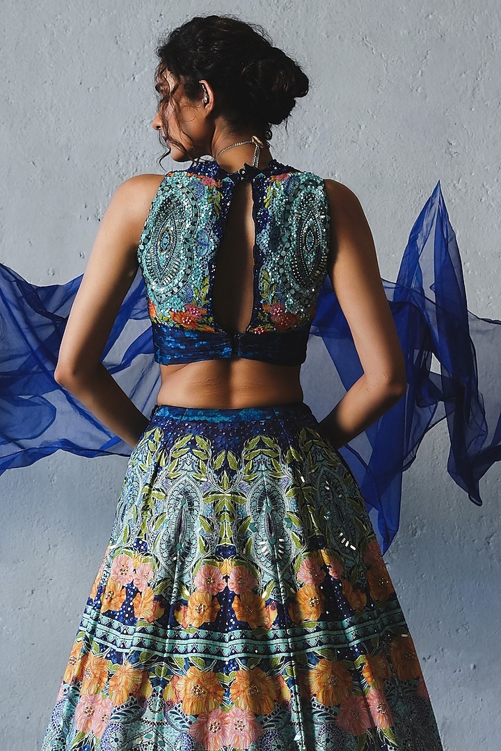 Blue Chiffon Handwork Wedding Lehenga Set by Basil Leaf at Pernia's Pop Up Shop
