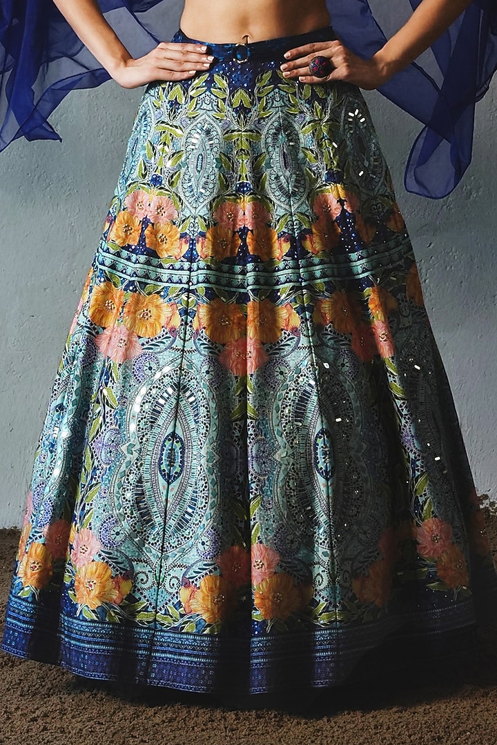 Blue Chiffon Handwork Wedding Lehenga Set by Basil Leaf at Pernia's Pop Up Shop