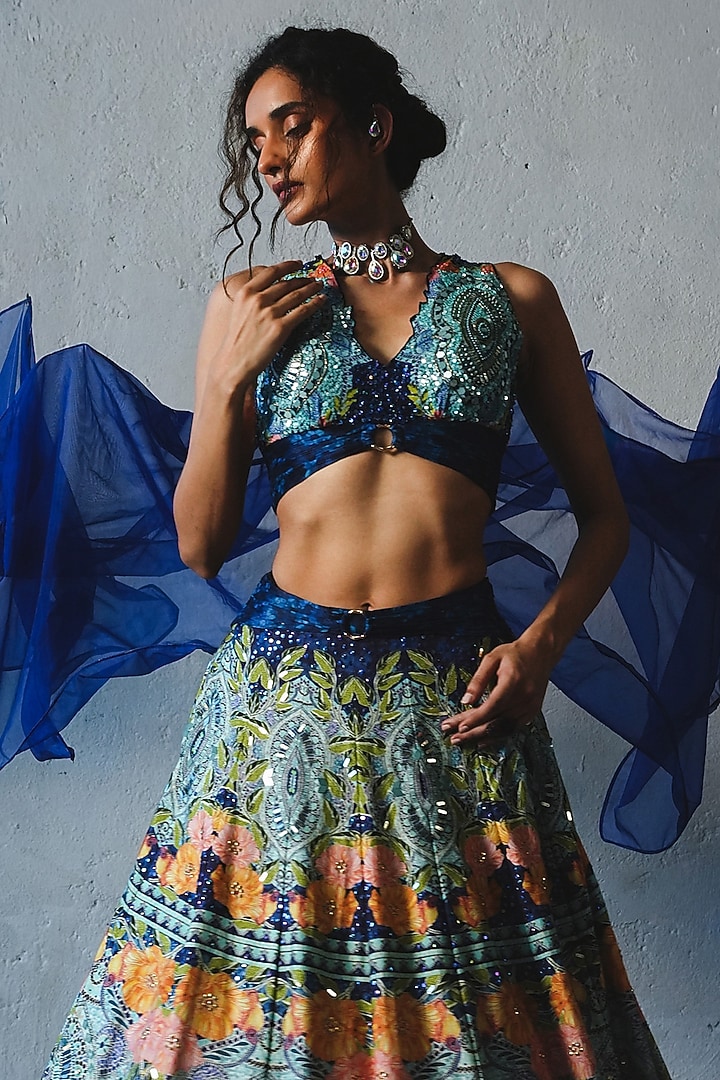 Blue Chiffon Handwork Wedding Lehenga Set by Basil Leaf at Pernia's Pop Up Shop