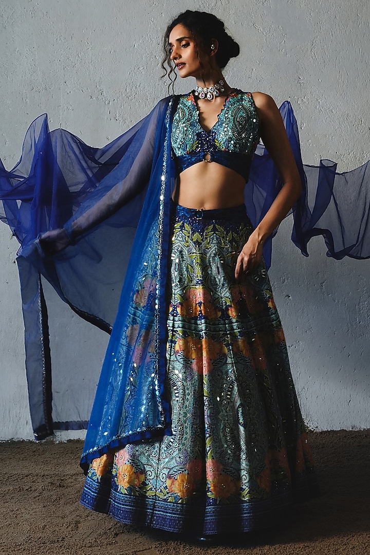 Blue Chiffon Handwork Wedding Lehenga Set by Basil Leaf at Pernia's Pop Up Shop