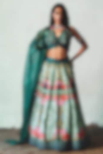 Bottle Green Chiffon Hand Embellished Wedding Lehenga Set by Basil Leaf at Pernia's Pop Up Shop