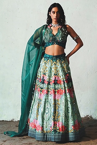 Bottle Green Chiffon Hand Embellished Lehenga Set by Basil Leaf