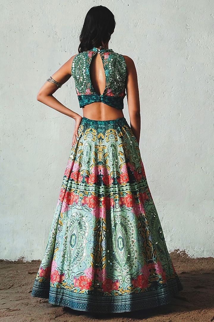 Bottle Green Chiffon Hand Embellished Wedding Lehenga Set by Basil Leaf at Pernia's Pop Up Shop