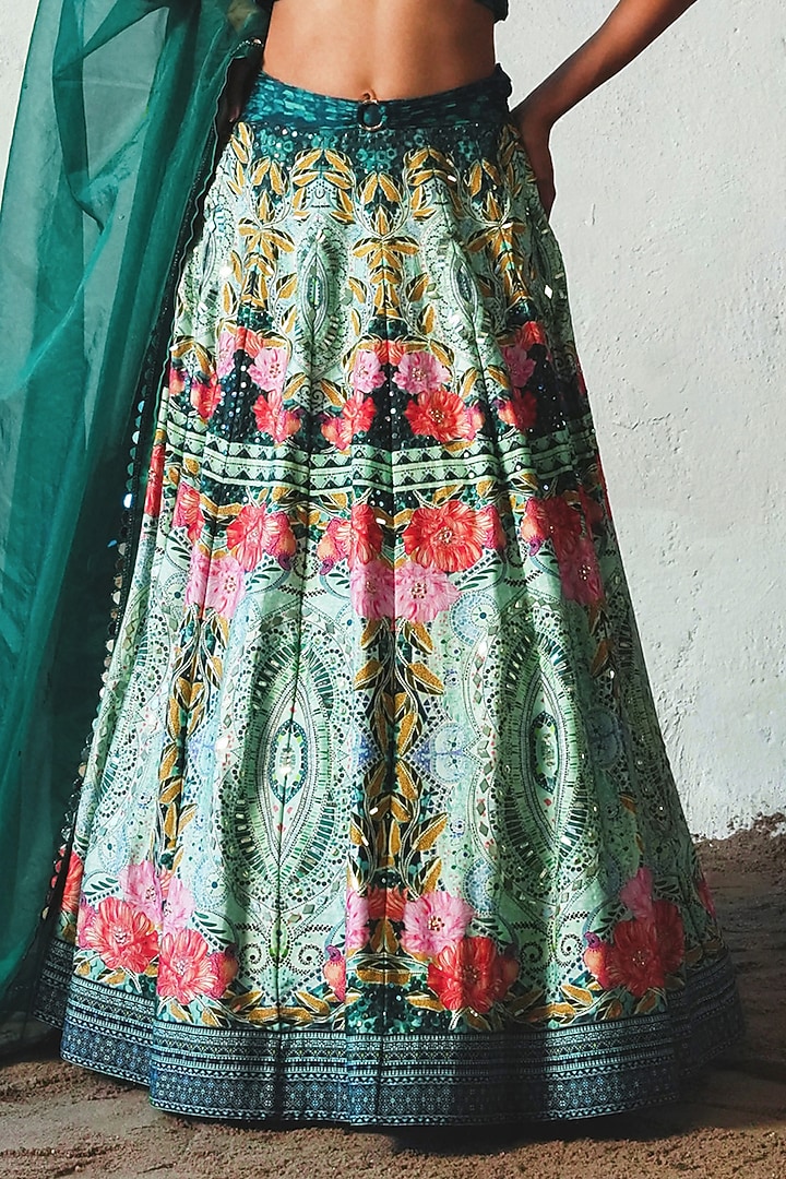 Bottle Green Chiffon Hand Embellished Wedding Lehenga Set by Basil Leaf at Pernia's Pop Up Shop