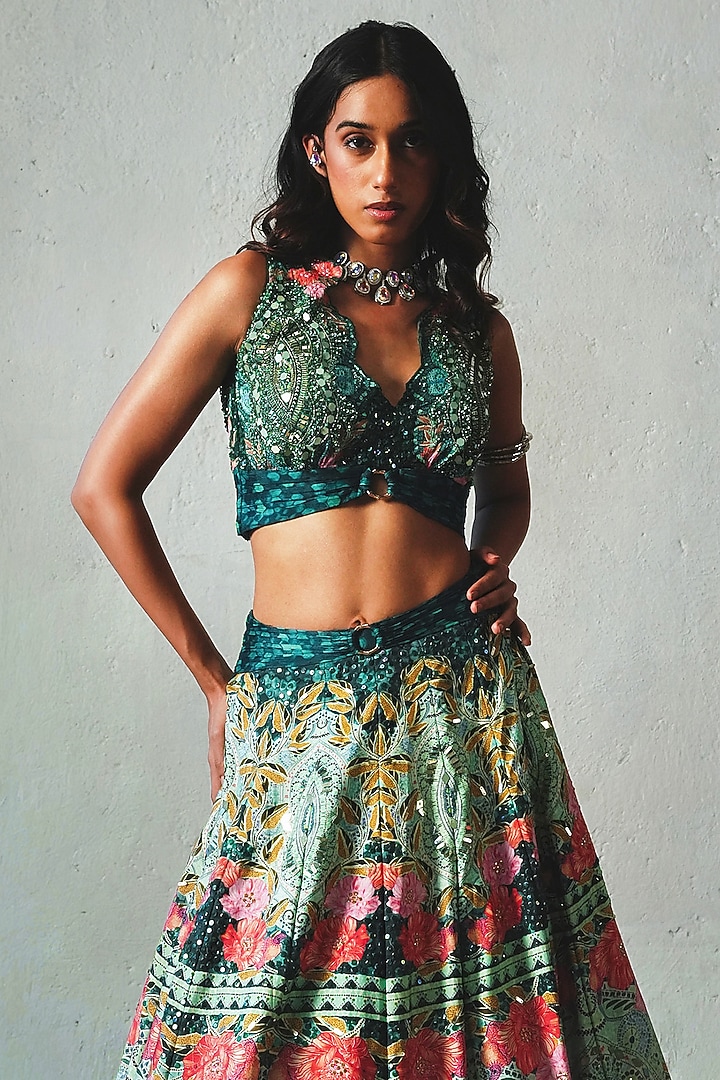 Bottle Green Chiffon Hand Embellished Wedding Lehenga Set by Basil Leaf at Pernia's Pop Up Shop