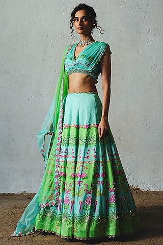 Aqua Chiffon Lehenga Set by Basil Leaf