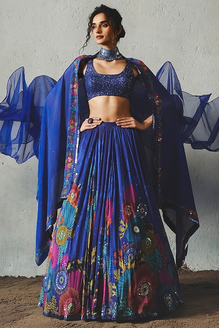 Blue Chiffon Wedding Lehenga Set by Basil Leaf at Pernia's Pop Up Shop