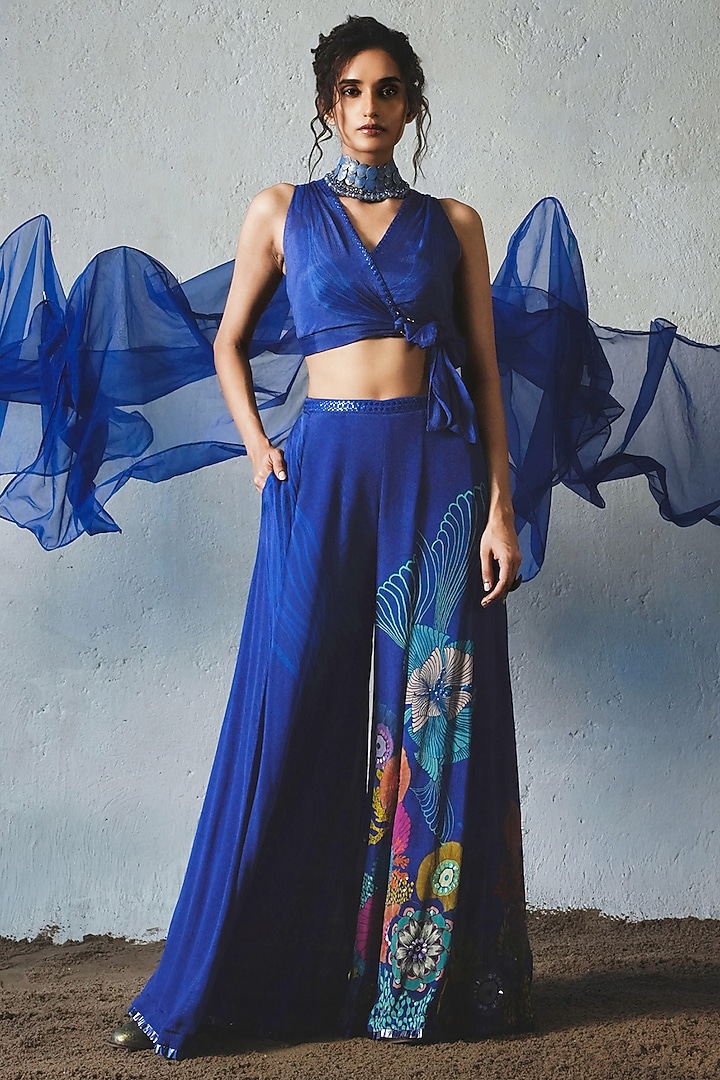 Blue Chiffon Flared Pant Set by Basil Leaf at Pernia's Pop Up Shop