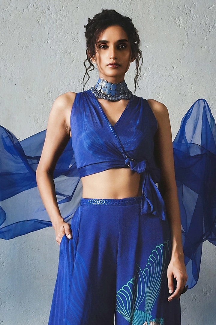 Blue Chiffon Flared Pant Set by Basil Leaf at Pernia's Pop Up Shop