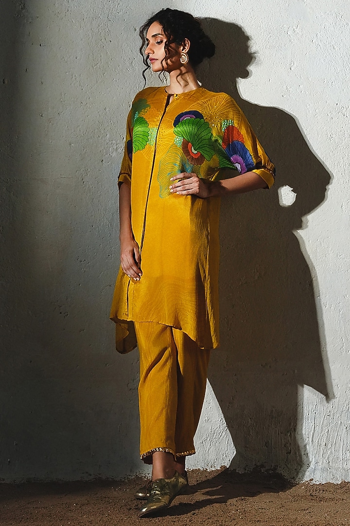 Yellow Chiffon & Linen Silk Co-Ord Set by Basil Leaf at Pernia's Pop Up Shop