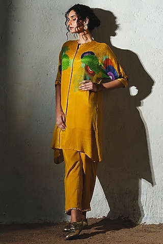Yellow Chiffon & Linen Silk Co-Ord Set by Basil Leaf