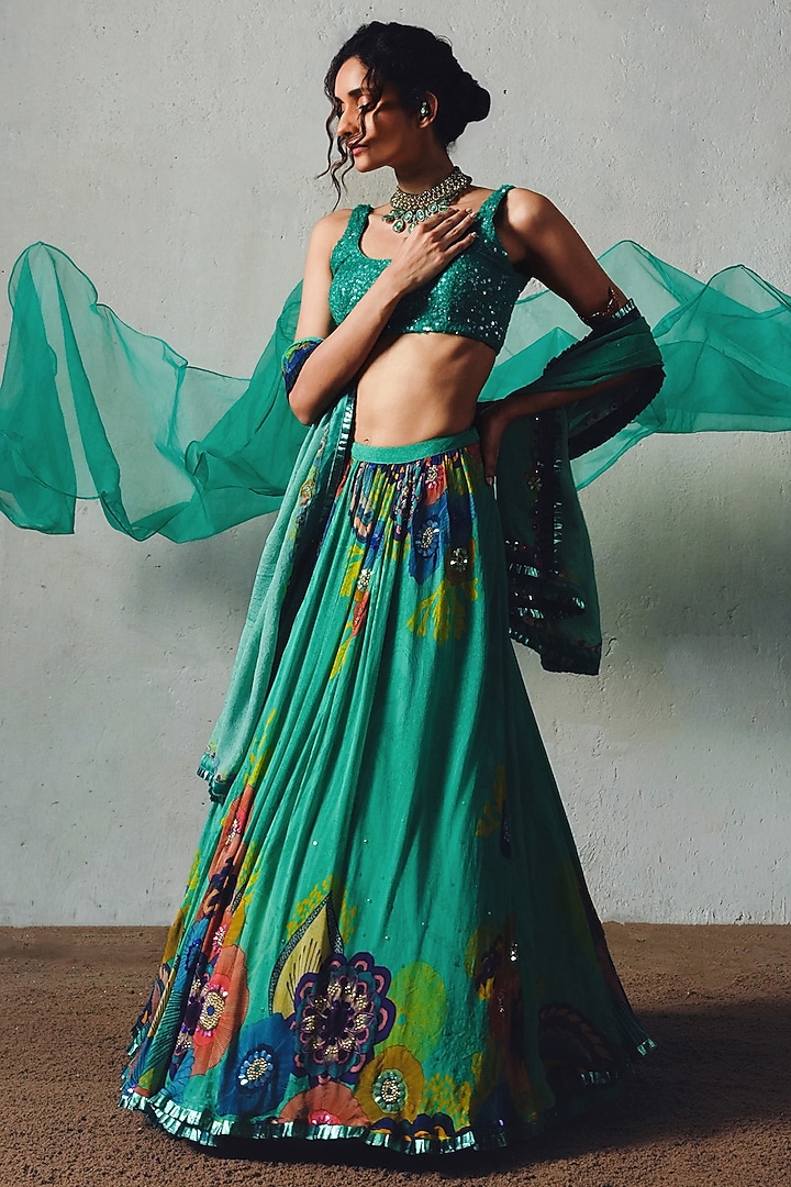 Aqua Chiffon Wedding Lehenga Set by Basil Leaf at Pernia's Pop Up Shop
