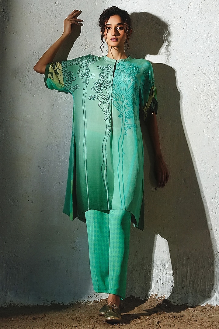 Aqua Crepe Handwork Co-Ord Set by Basil Leaf at Pernia's Pop Up Shop