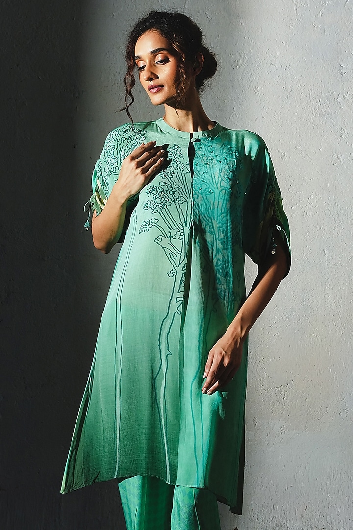 Aqua Crepe Handwork Co-Ord Set by Basil Leaf at Pernia's Pop Up Shop