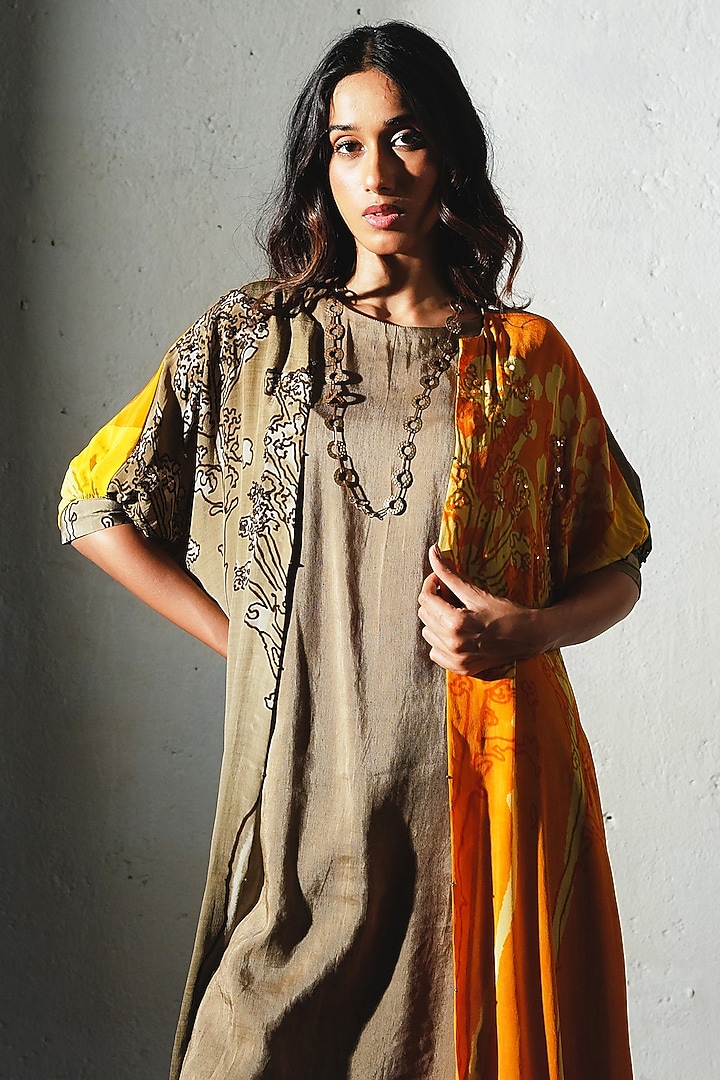 Orange Crepe & Linen Silk Handwork Co-Ord Set by Basil Leaf at Pernia's Pop Up Shop
