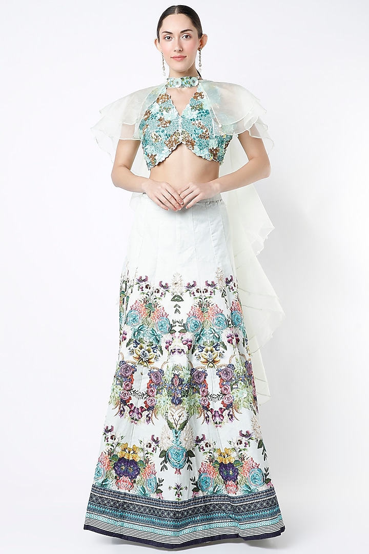 White Floral Printed Flared Skirt Set by Basil Leaf