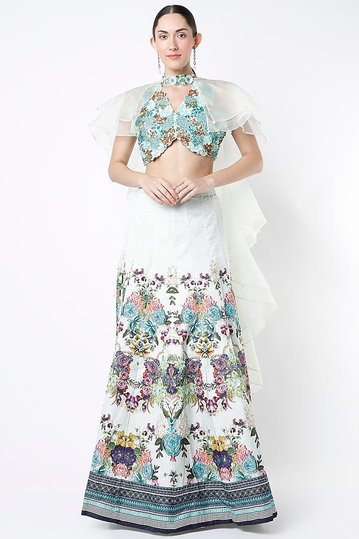 White Floral Printed Flared Skirt Set by Basil Leaf at Pernia's Pop Up Shop