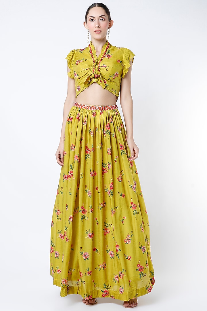 Mustard Floral Printed Flared Skirt Set by Basil Leaf