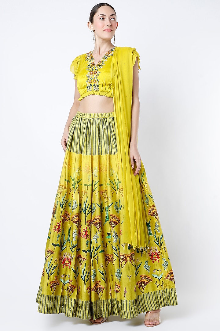 Yellow Floral Printed Flared Skirt Set by Basil Leaf