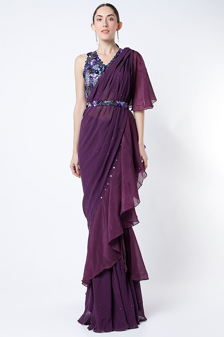 Violet Organza Georgette Draped Saree Set by Basil Leaf at Pernia's Pop Up Shop