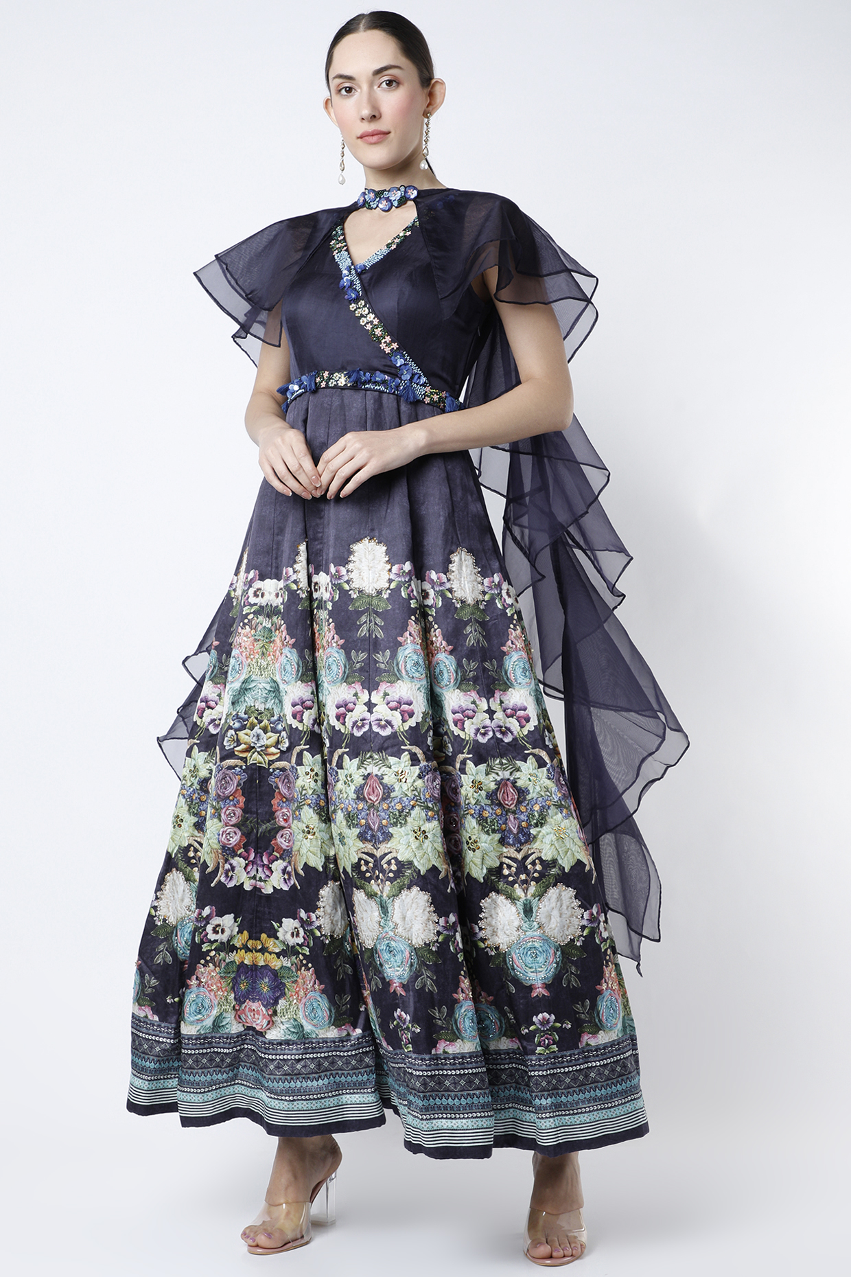 Navy Blue Printed Anarkali With Dupatta by Basil Leaf