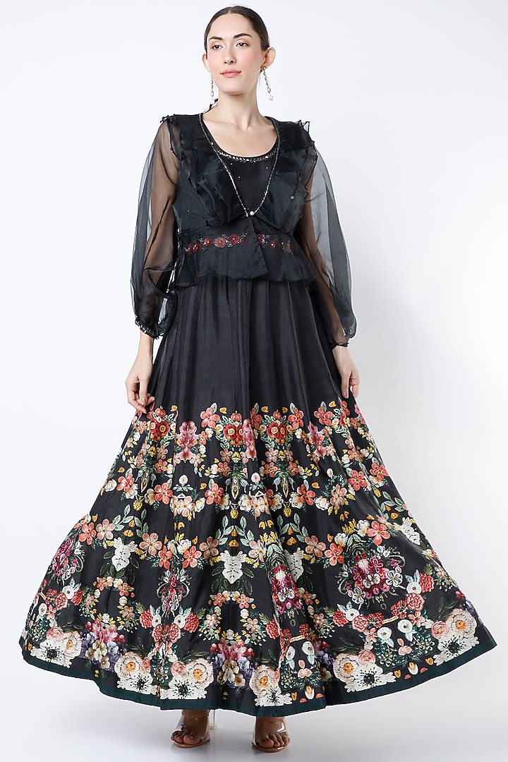 Charcoal Flared Gown With Jacket by Basil Leaf at Pernia's Pop Up Shop