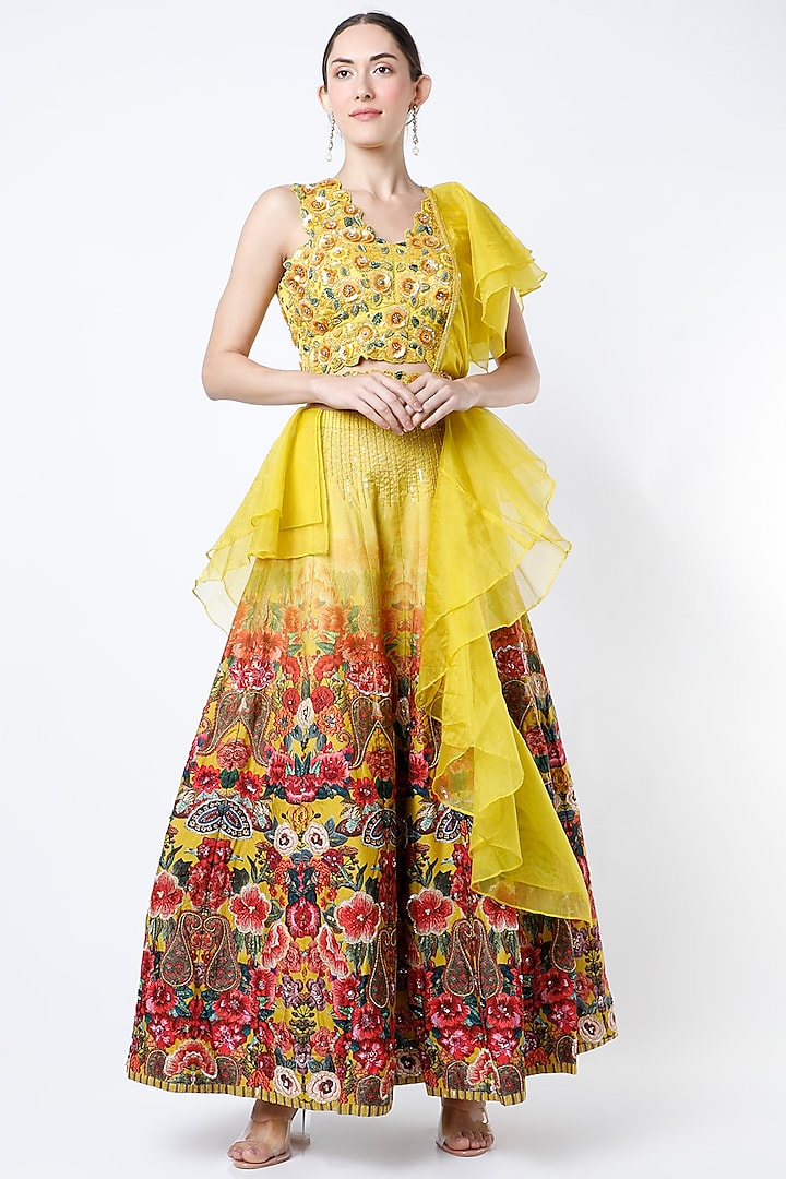 Mustard Printed Wedding Lehenga Set by Basil Leaf at Pernia's Pop Up Shop