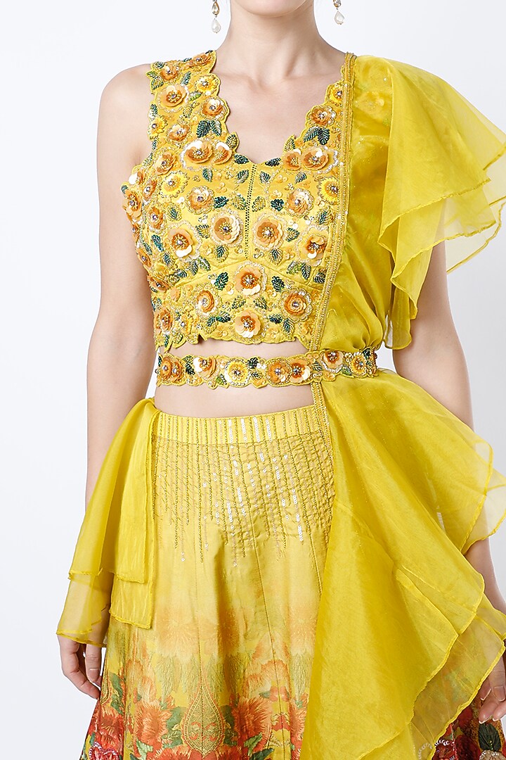 Mustard Printed Wedding Lehenga Set by Basil Leaf at Pernia's Pop Up Shop
