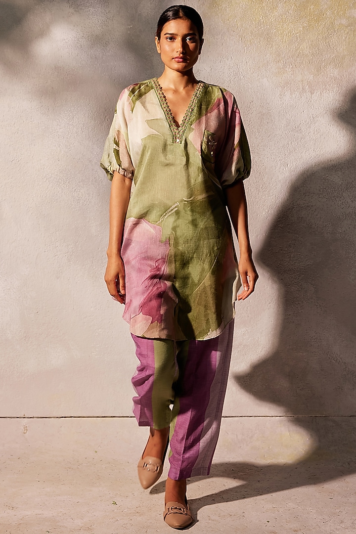 Pista Green Linen Silk Embroidered Co-Ord Set by Basil Leaf at Pernia's Pop Up Shop