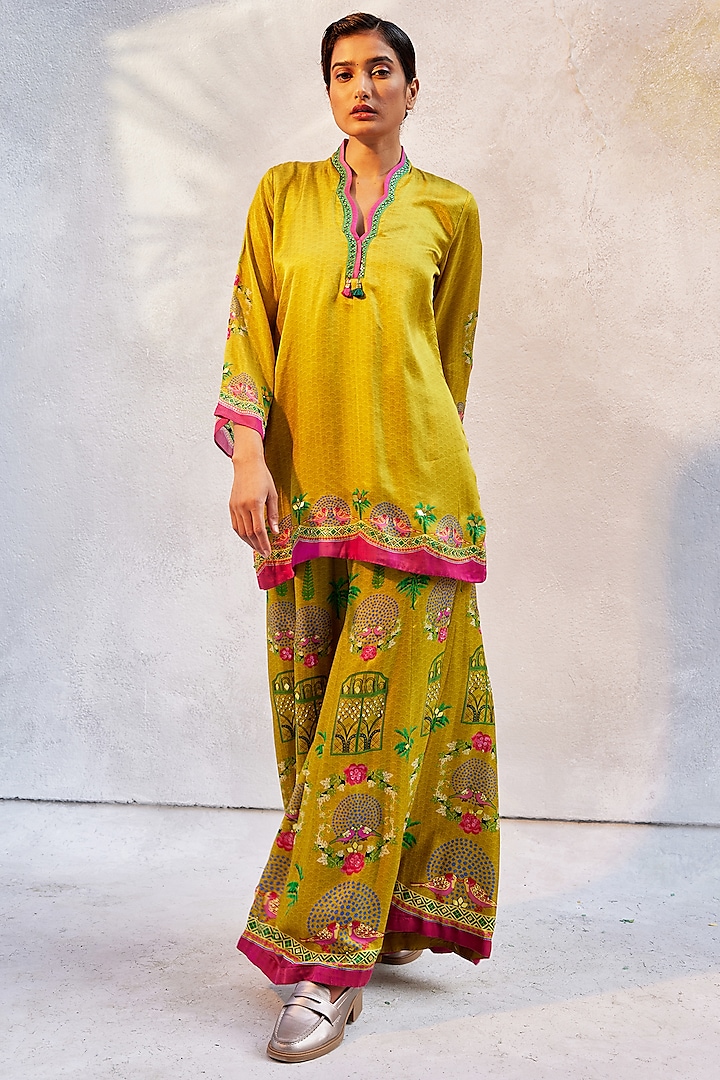 Citrin Yellow Gajji Satin Hand Embroidered Sharara Set by Basil Leaf at Pernia's Pop Up Shop