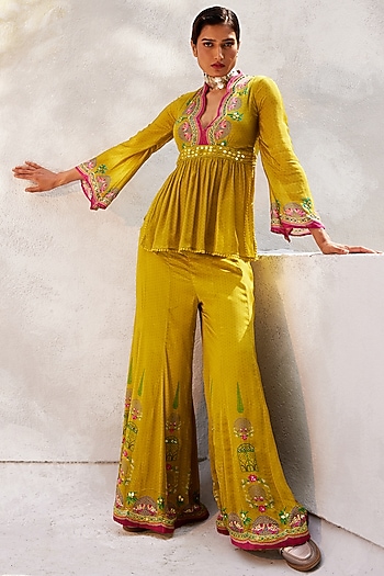 Ochre Yellow Chiffon Pant Set by Basil Leaf at Pernia's Pop Up Shop