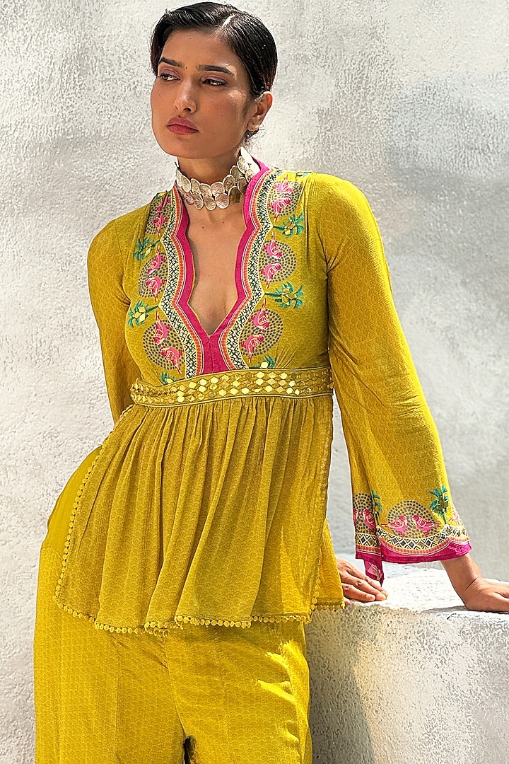 Ochre Yellow Chiffon Pant Set by Basil Leaf at Pernia's Pop Up Shop