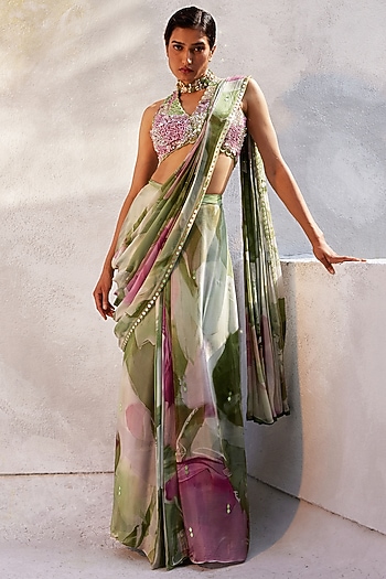 Mint Green Chiffon Hand Embroidered Pre-Draped Wedding Saree Set by Basil Leaf at Pernia's Pop Up Shop