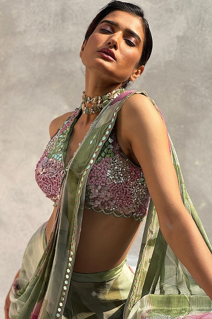 Mint Green Chiffon Hand Embroidered Pre-Draped Wedding Saree Set by Basil Leaf at Pernia's Pop Up Shop