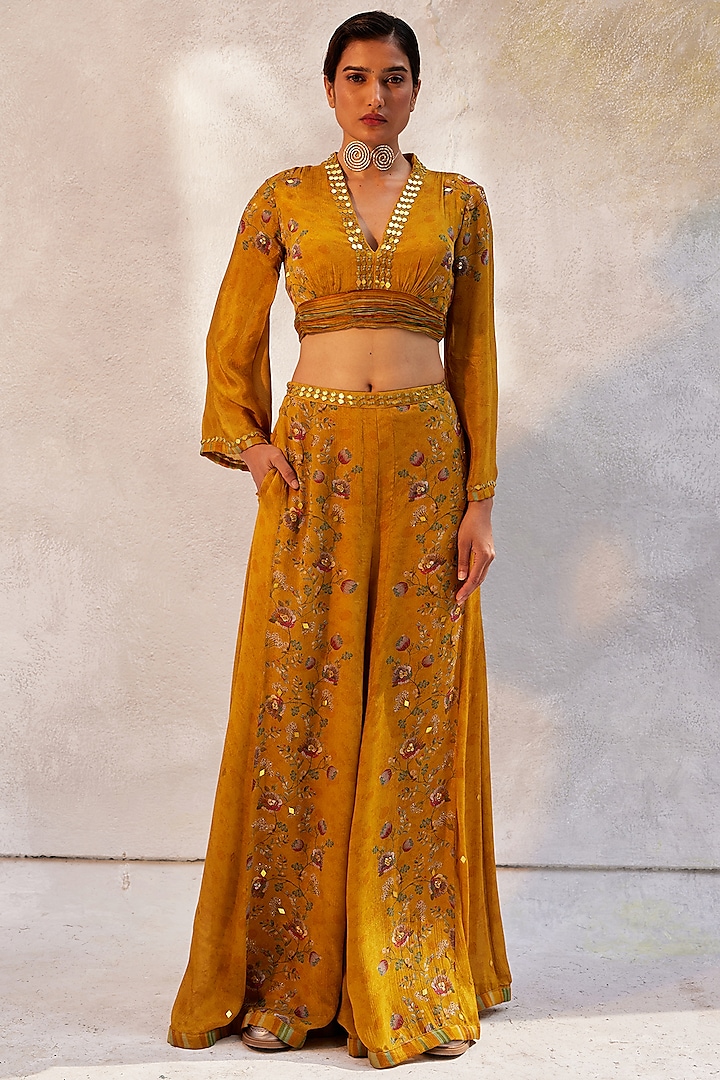 Yellow Chiffon Embroidered Pant Set by Basil Leaf at Pernia's Pop Up Shop