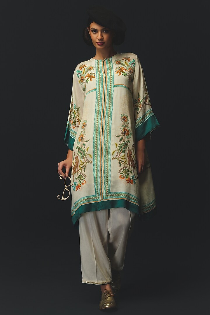 Beige Silk & Chiffon Co-Ord Set by Basil Leaf at Pernia's Pop Up Shop