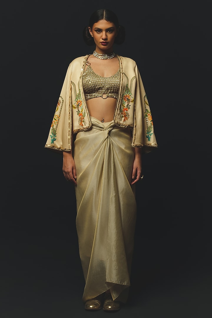 Beige Linen Satin Draped Skirt Set by Basil Leaf at Pernia's Pop Up Shop