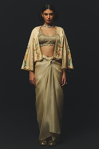 Beige Linen Satin Draped Skirt Set by Basil Leaf