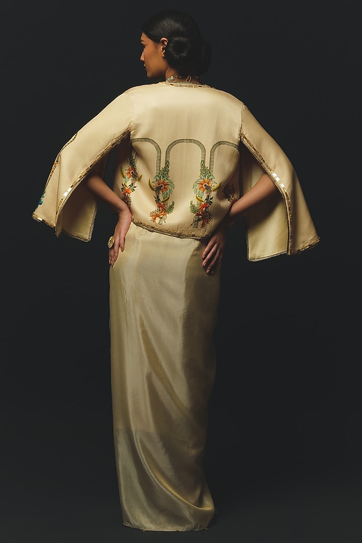 Beige Linen Satin Draped Skirt Set by Basil Leaf at Pernia's Pop Up Shop