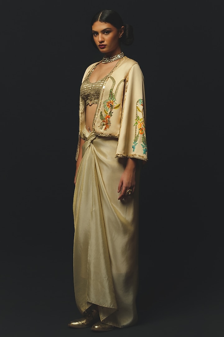 Beige Linen Satin Draped Skirt Set by Basil Leaf at Pernia's Pop Up Shop