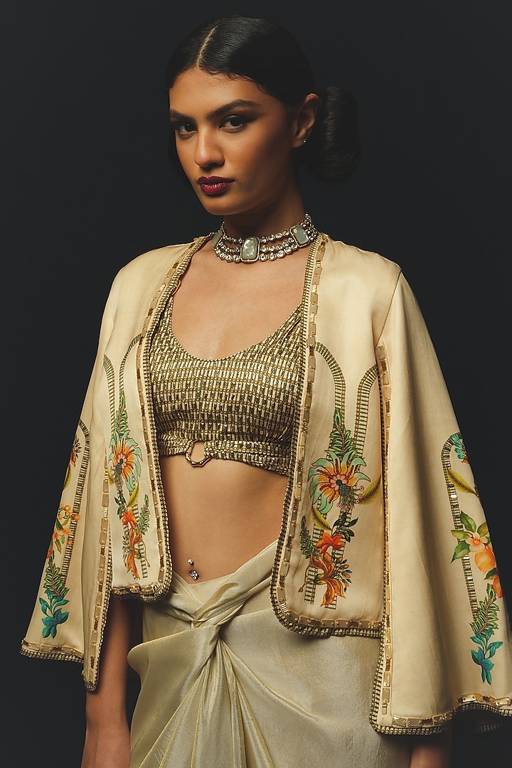 Beige Linen Satin Draped Skirt Set by Basil Leaf at Pernia's Pop Up Shop