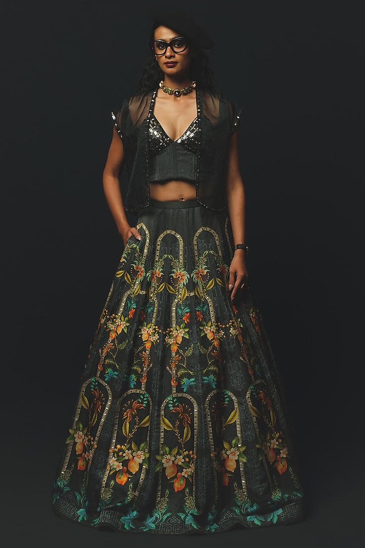 Charcoal Linen Satin Jacket Wedding Lehenga Set by Basil Leaf at Pernia's Pop Up Shop