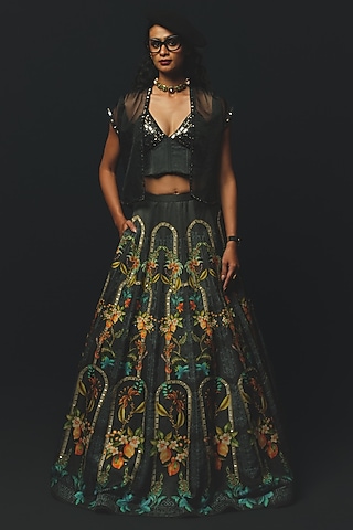 Charcoal Linen Satin Jacket Lehenga Set by Basil Leaf