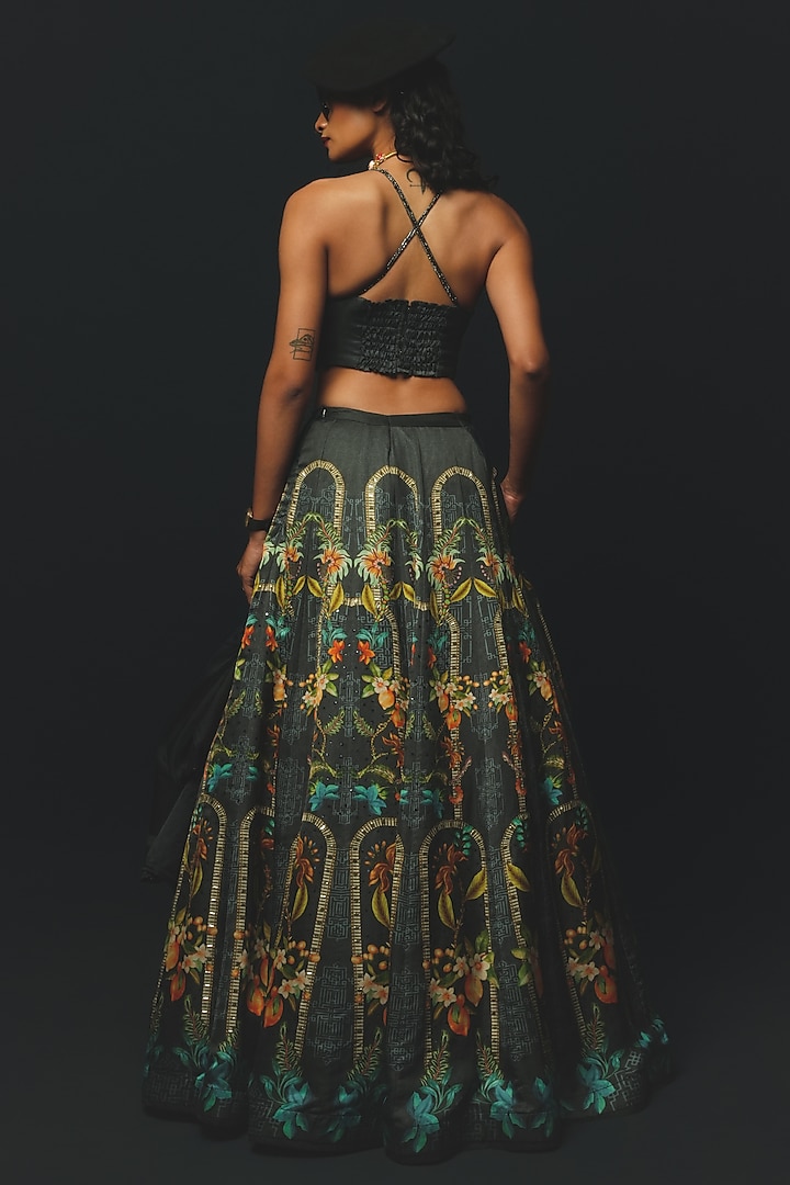 Charcoal Linen Satin Jacket Wedding Lehenga Set by Basil Leaf at Pernia's Pop Up Shop