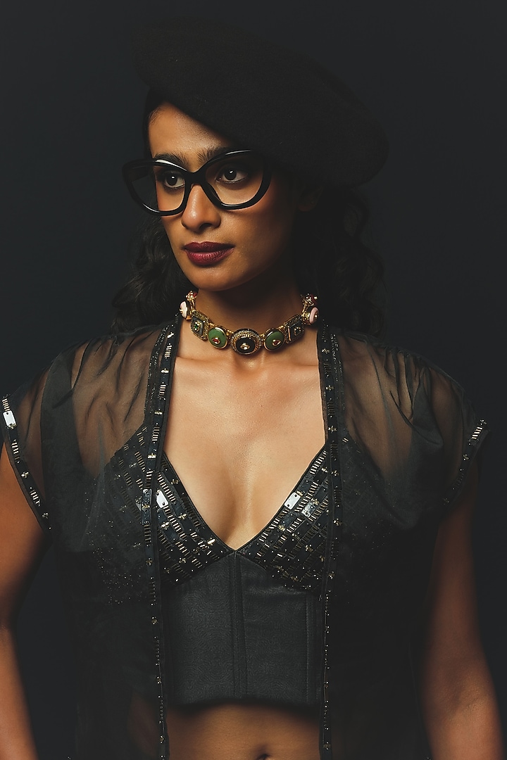 Charcoal Linen Satin Jacket Wedding Lehenga Set by Basil Leaf at Pernia's Pop Up Shop